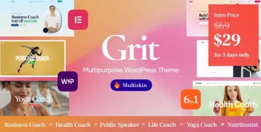 Grit Coaching Online Courses Multiskin WordPress Theme 1.0.1 GPL Theme